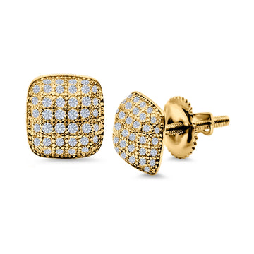 Princess Cut Hip Hop Iced Out Stud Earrings Micro Pave Yellow Tone, Simulated CZ Screw-Back 925 Sterling Silver